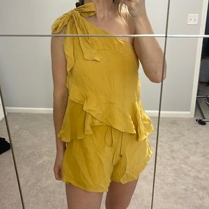 Mustard ruffle one shoulder romper